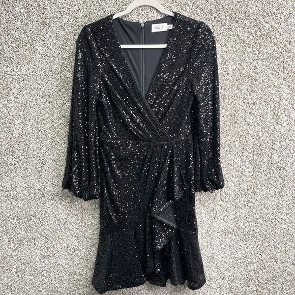 Eliza J Dress Women’s 4 Black Sequins Long Sleeve V-Neck Faux Wrap Ruffle Hem - Picture 2 of 8